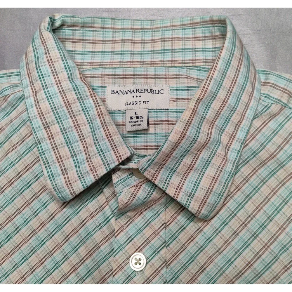 BANANA REPUBLIC‎ Men Size 16-16.5 Teal Green Brown Diagonal Check Dress Shirt